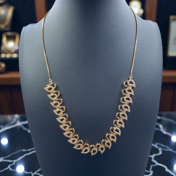 Dainty Rose Gold Rhinestone Leaf Necklace Coquette Elegant Vintage Glam Jewelry - Picture 1 of 8